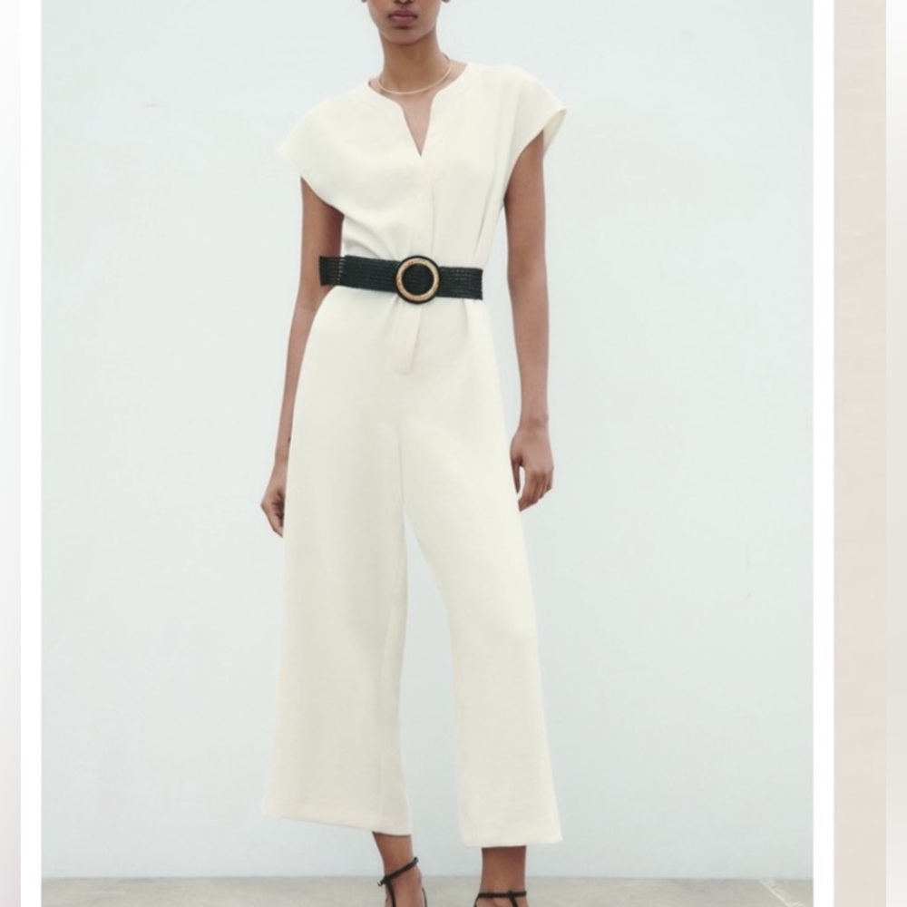 BNWT Zara Women’s Cream Raffia Belted Jumpsuit Size medium